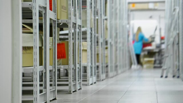 Employees navigate through aisles stocked with various products in bustling warehouse. Bright overhead lights illuminate organized shelves. Teamwork and efficiency are paramount.