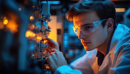 A focused young scientist in a lab coat works with advanced technology, showcasing his skills in an innovative environment.