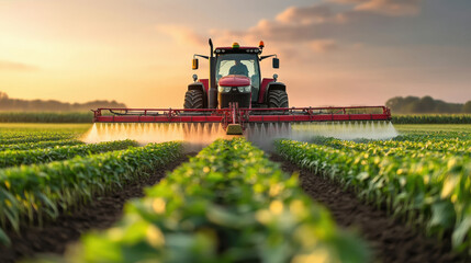 tractor spraying pesticides on an agricultural field with rows of corn during sunset.
