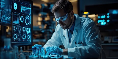 A scientist in a lab, analyzing data and conducting experiments with futuristic technology.