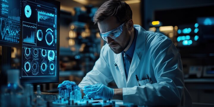 A scientist in a lab, analyzing data and conducting experiments with futuristic technology.