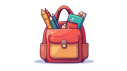 Colorful Backpack with Supplies: A cheerful cartoon-style backpack bursting with colorful pencils, pens, and other school supplies, ready for a new school year.