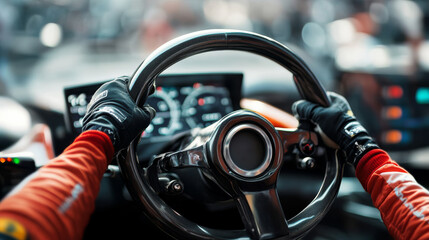 Close-up of a Formula One driver hands on the steering wheel, with dashboard displays showing speed, gear shifts, and race data.