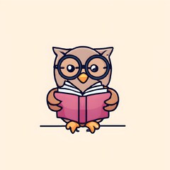 Obraz premium a vector logo of a cartoon owl reading a book wearing glasses, mascot, character, education, learning, wisdom, knowledge, library, study, cute, animal, bird, design, graphic, emblem, symbol, creative