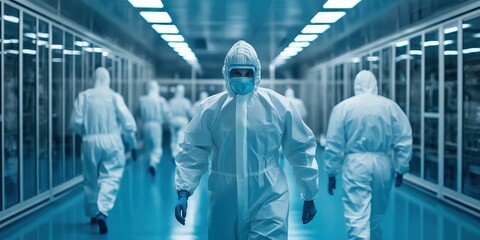 Medical professionals in protective gear walking through a sterile laboratory corridor, emphasizing safety and hygiene in healthcare.
