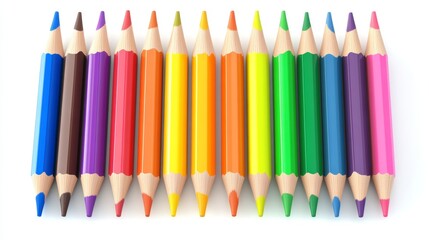 Naklejka premium Spectrum of Creativity: A vibrant row of sharpened colored pencils stand ready to unleash artistic potential against a clean white backdrop.
