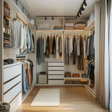 The minimalist walk-in closet showcases neatly arranged clothes and accessories, complemented by warm lighting and minimalist decor for an elegant look.
