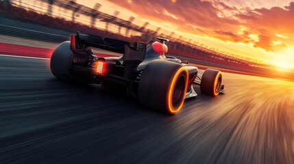 Fototapeta premium Formula One car speeding down the track during sunset, with glowing brake discs and a dramatic sky in the background.