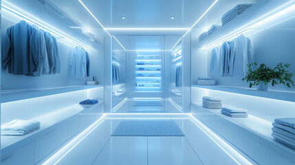 Obraz premium Walk-in Closet. A clean, modern, minimalist walk-in closet features neatly arranged shelves filled with folded and hanging clothes, with soft blue lighting.