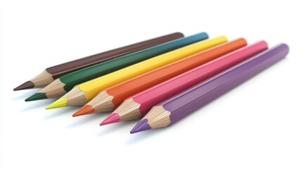 Naklejka premium Spectrum of Creativity: A vibrant row of sharpened colored pencils stand ready to unleash artistic potential against a clean white backdrop.