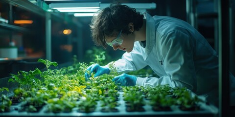 Scientist nurturing young plants in a controlled environment, emphasizing research and horticulture innovation.