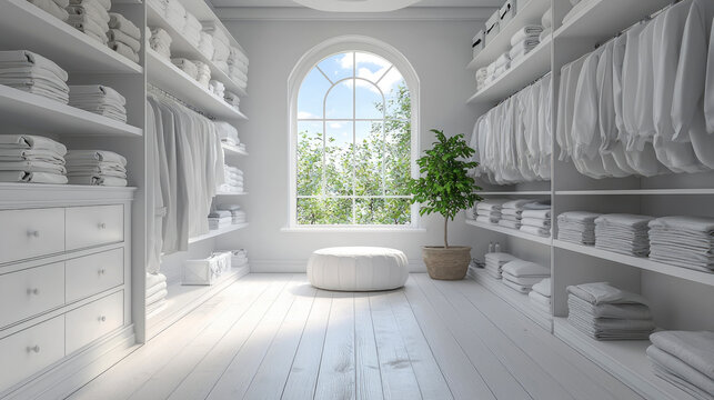 Wardrobe. Bright and spacious minimalist closet with white walls and organized shelves showing folded towels and hanging garments in daylight