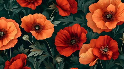 Red and Orange Poppy Flowers with Green Leaves Seamless Pattern