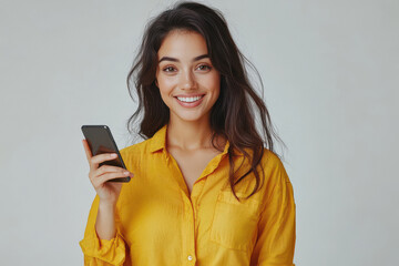Fototapeta premium young indian woman smiling holding smartphone in hand