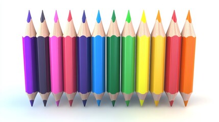 Spectrum of Creativity: A vibrant row of sharpened colored pencils stand ready to unleash artistic potential against a clean white backdrop.