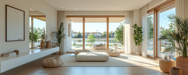 Modern interior design of a bright living room overlooking a serene lake during the day with plush seating and greenery