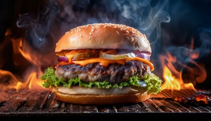 Grilled gourmet burger with cheese, tomato, and homemade sesame bun