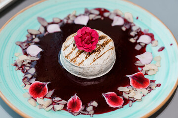 Elegant Culinary Artistry Featuring Creamy Brie Cheese with Flower Garnish and Berry Coulis on Artistic Plate Display