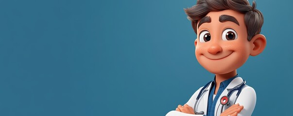 Cheerful cartoon doctor with a stethoscope, representing healthcare and professionalism, ideal for medical-related projects.