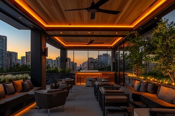 Fototapeta premium Elegant socializing space on rooftop with sleek wood accents, ultra HD.