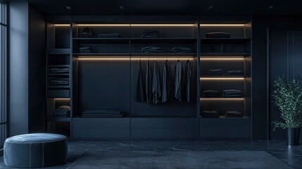 dressing room. Modern minimalist closet interior with lighting and greenery visible through large stylish windows during daylight