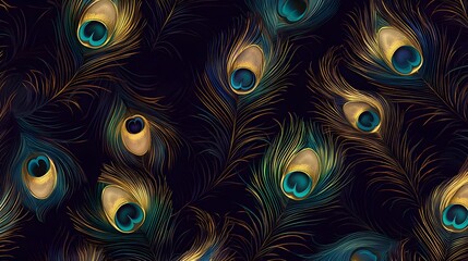 Peacock feathers seamless pattern   gold  teal  transparent background