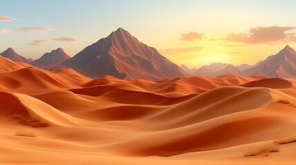 Naklejka premium Stunning desert landscape at sunset, showcasing golden sand dunes and majestic mountains under a colorful sky.