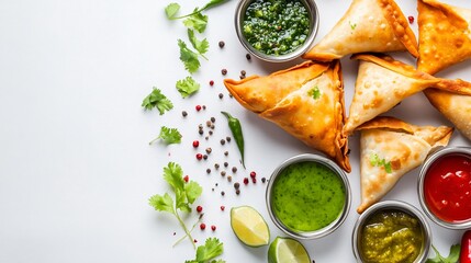 Delicious samosas with chutneys and spices on a white background.