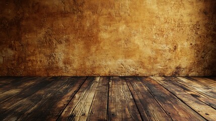 Empty rustic room with wooden floor and textured wall.