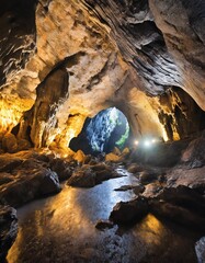 Illuminated Cave with Unique Rock Formations, Revealing Nature's Hidden Wonders