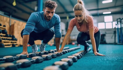 Fitness enthusiasts performing exercises with dumbbells in a gym, focusing on strength and technique.