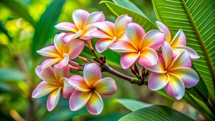 Obraz premium Delicate, exotic frangipani flowers with soft pink petals and yellow centers bloom on a branch, set against a