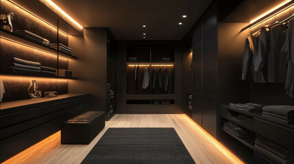 Elegant modern black wardrobe with lighting and organized clothing in a stylish minimalist design, perfect for luxury home decor