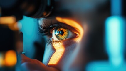Ophtalmologist visit with close up eye photo healthcare and sight health futuristic optics advertising