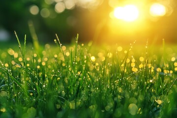 Dewy Grass in Morning Sunlight