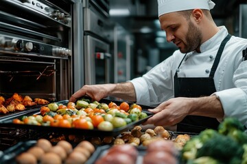Fototapeta premium A chef prepares fresh vegetables in a professional kitchen, showcasing culinary skills and vibrant colors in cooking.