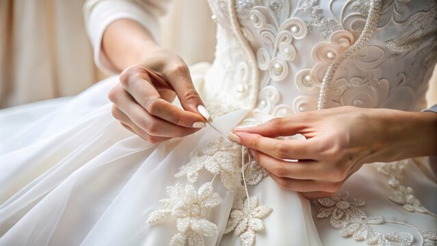 Delicate fingers carefully mend a torn hem on a elegant white wedding gown, preserving its beauty and sentimental