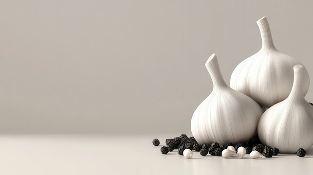 Savory Essence Display, a vibrant backdrop featuring garlic and black peppercorns, creating an inviting space for showcasing products or branding that embody robust flavors.