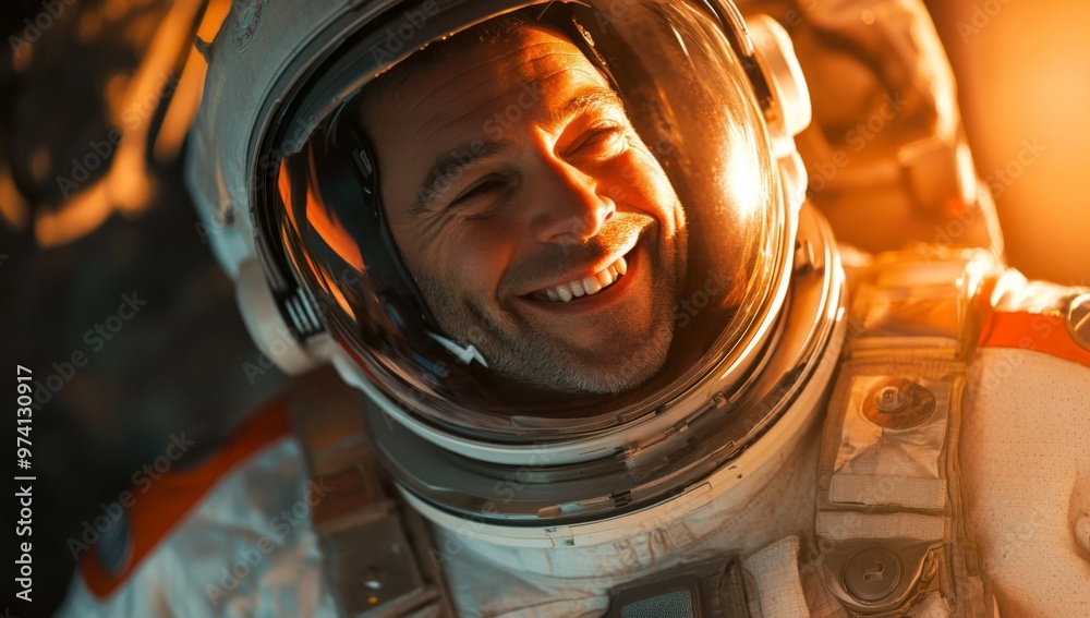 Sticker close-up of man astronaut smiling in his spacesuit, floating through the universe