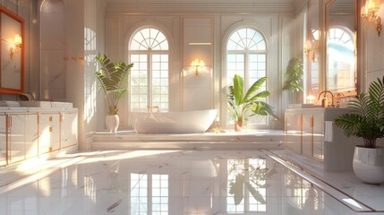 Fototapeta premium Luxurious indoor pool situated within a bright tropical inspired solarium featuring arched windows that allow natural sunlight to flood the space