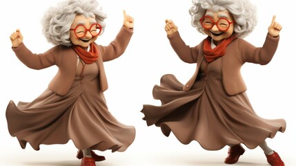 Fototapeta premium Cheerful 3d cartoon elderly woman dancing joyfully, full body isolated on white background