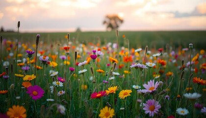 Fototapeta premium sunset flora style, meadow with rainbow and colour full flowers background