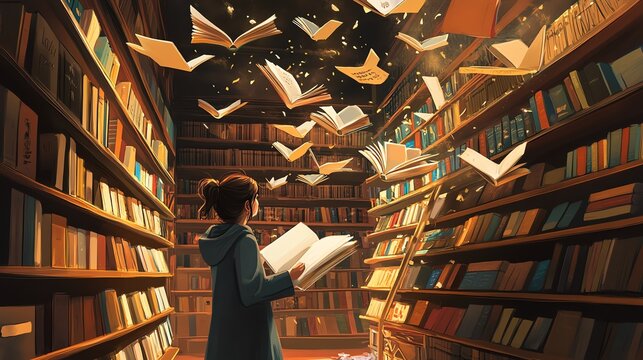 A serene moment in a library with flying books, capturing the magic of reading and imagination in a literary wonderland.
