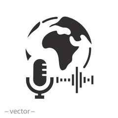 microphone with globe icon, world podcast, international radio day, global mass media, sound broadcast, flat vector illustration