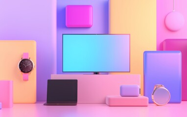 Vibrant display featuring modern technology and colorful geometric shapes, ideal for showcasing innovation and creativity.