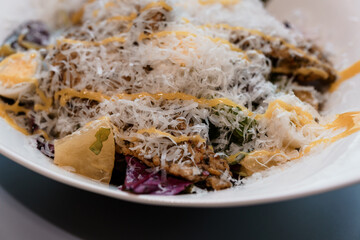 Fresh Caesar Salad with Grilled Chicken and Shaved Parmesan Cheese on Elegant White Plate