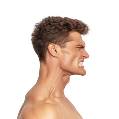 Fototapeta premium Close-up of a muscular man expressing intense emotion with a fierce grimace, showcasing determination and strength.