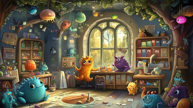 A whimsical creatures' workshop filled with colorful characters and enchanting decor, perfect for children's stories or fantasy themes.