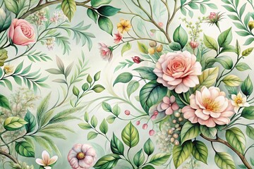 Delicate, hand-drawn botanical illustration of intertwining flowers, foliated vines, and lush greenery in soft, dreamy