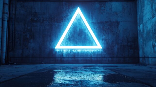 Blue neon triangle in a dark room